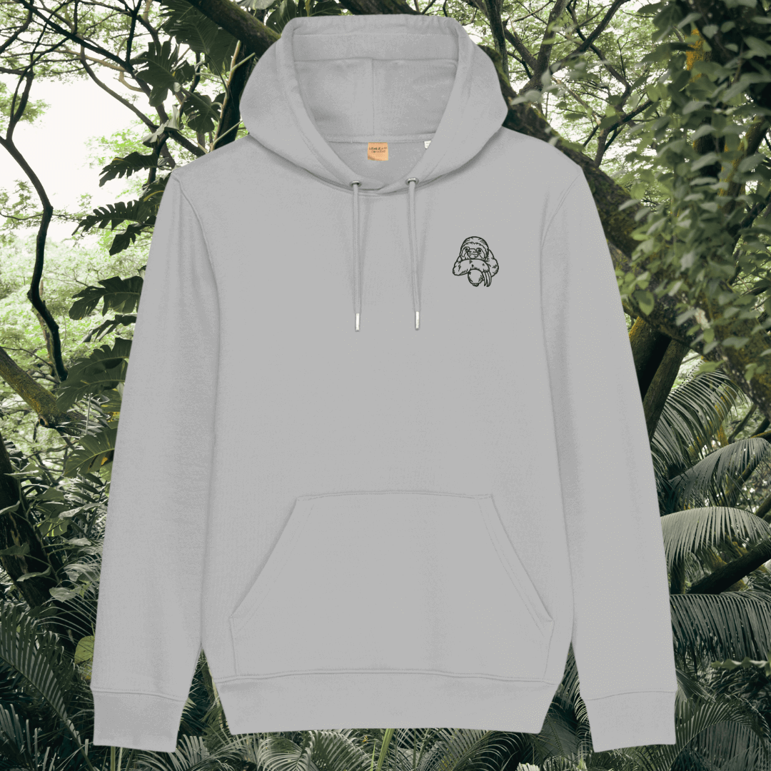 Mindful Earth Sloth Front Hoodie in Heather Grey – Just Hang in There Design – Sustainable Organic Cotton Unisex Hoodie Made in the UK