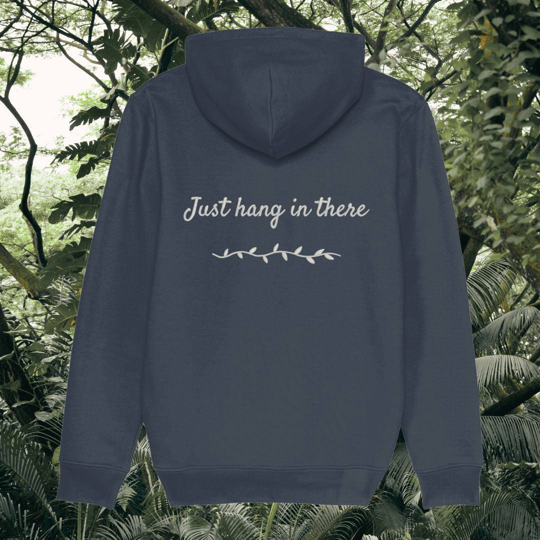 Back view of Mindful Earth Sloth Hoodie in India Ink Grey with “Just Hang in There” design – Eco-Friendly Organic Cotton Unisex Hoodie Made in the UK