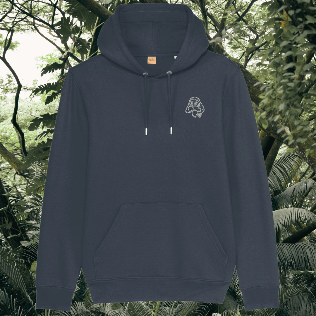 Mindful Earth Sloth Front Hoodie in India Ink Grey – Just Hang in There Design – Sustainable Organic Cotton Unisex Hoodie Made in the UK
