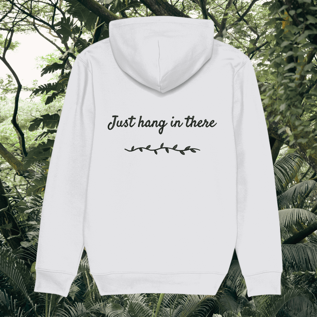 Back view of Mindful Earth Sloth Hoodie in White with “Just Hang in There” design – Eco-Friendly Organic Cotton Unisex Hoodie Made in the UK