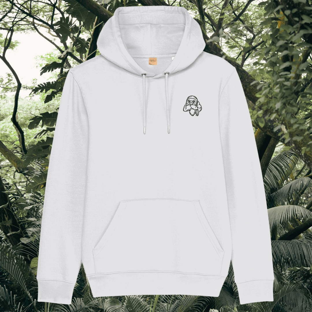 Mindful Earth Sloth Front Hoodie in White – Just Hang in There Design – Sustainable Organic Cotton Unisex Hoodie Made in the UK