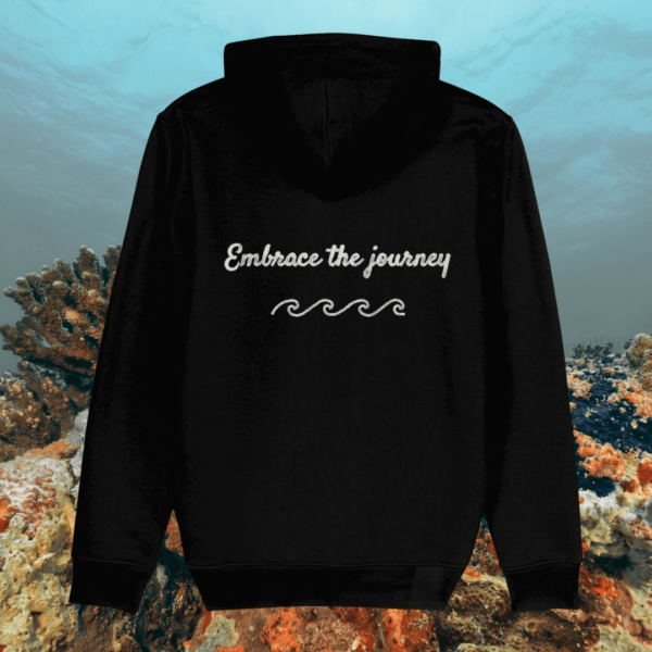 Back view of Mindful Earth Turtle Hoodie in Black with “Embrace the Journey” design – Eco-Friendly Organic Cotton Unisex Hoodie Made in the UK