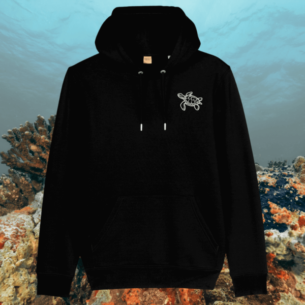 Mindful Earth Turtle Front Hoodie in Black – Embrace the Journey Design – Sustainable Organic Cotton Unisex Hoodie Made in the UK