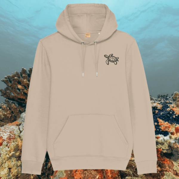 Mindful Earth Turtle Front Hoodie in Desert Dust – Embrace the Journey Design – Sustainable Organic Cotton Unisex Hoodie Made in the UK