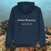 Back view of Mindful Earth Turtle Hoodie in French Navy with “Embrace the Journey” design – Eco-Friendly Organic Cotton Unisex Hoodie Made in the UK