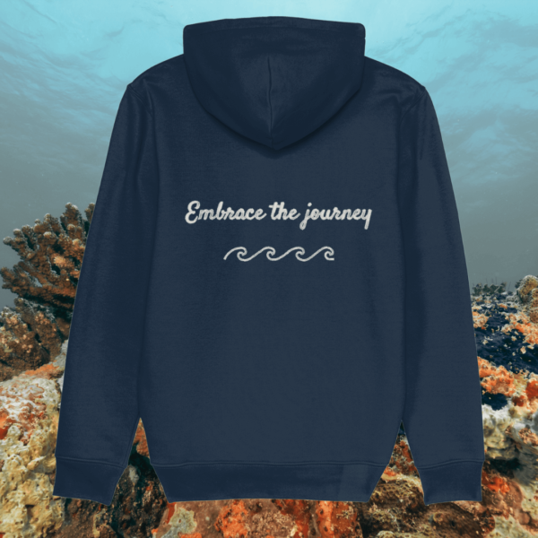 Back view of Mindful Earth Turtle Hoodie in French Navy with “Embrace the Journey” design – Eco-Friendly Organic Cotton Unisex Hoodie Made in the UK