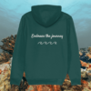 Back view of Mindful Earth Turtle Hoodie in Glazed Green with “Embrace the Journey” design – Eco-Friendly Organic Cotton Unisex Hoodie Made in the UK