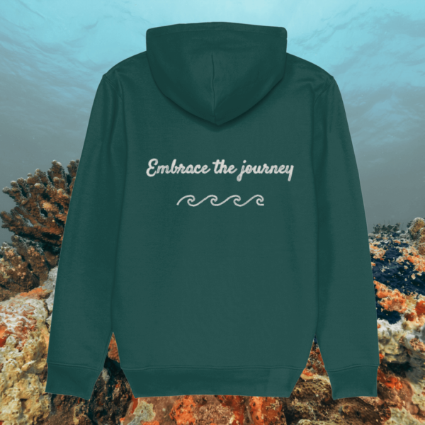 Back view of Mindful Earth Turtle Hoodie in Glazed Green with “Embrace the Journey” design – Eco-Friendly Organic Cotton Unisex Hoodie Made in the UK