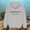 Back view of Mindful Earth Turtle Hoodie in Heather Grey with “Embrace the Journey” design – Eco-Friendly Organic Cotton Unisex Hoodie Made in the UK