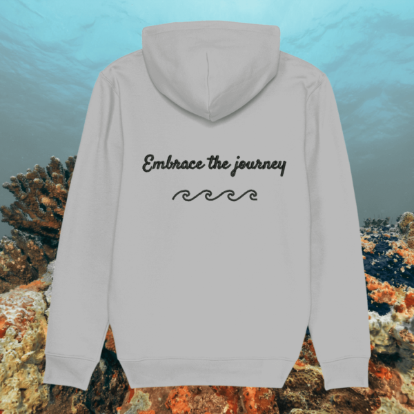 Back view of Mindful Earth Turtle Hoodie in Heather Grey with “Embrace the Journey” design – Eco-Friendly Organic Cotton Unisex Hoodie Made in the UK