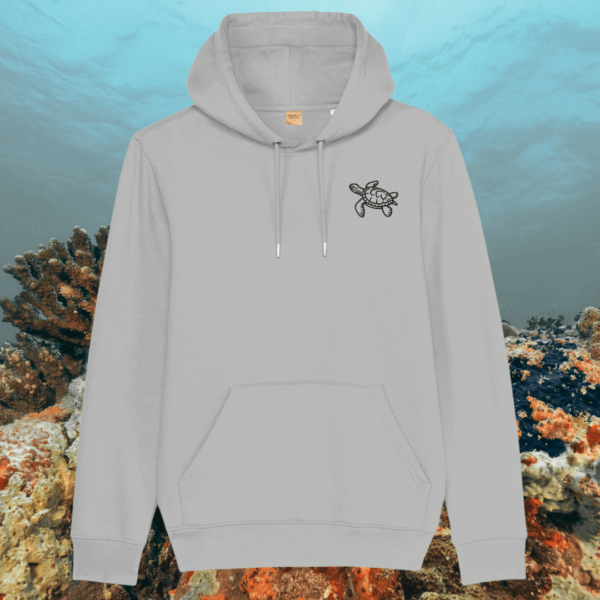 Mindful Earth Turtle Front Hoodie in Heather Grey – Embrace the Journey Design – Sustainable Organic Cotton Unisex Hoodie Made in the UK
