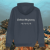 Back view of Mindful Earth Turtle Hoodie in India Ink Grey with “Embrace the Journey” design – Eco-Friendly Organic Cotton Unisex Hoodie Made in the UK