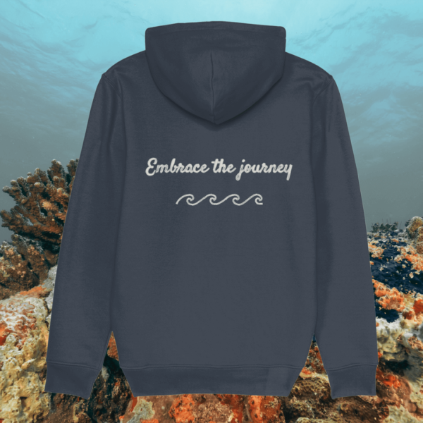 Back view of Mindful Earth Turtle Hoodie in India Ink Grey with “Embrace the Journey” design – Eco-Friendly Organic Cotton Unisex Hoodie Made in the UK