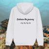 Back view of Mindful Earth Turtle Hoodie in White with “Embrace the Journey” design – Eco-Friendly Organic Cotton Unisex Hoodie Made in the UK