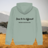 Back view of Mindful Earth Zebra Hoodie in Aloe Green with “Dare to Be Different” design – Eco-Friendly Organic Cotton Unisex Hoodie Made in the UK