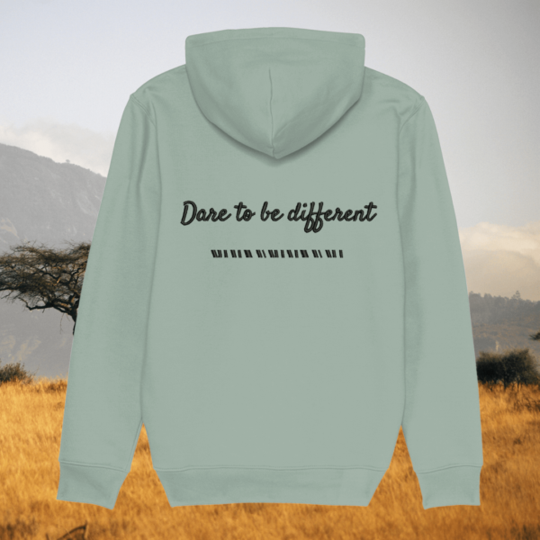 Back view of Mindful Earth Zebra Hoodie in Aloe Green with “Dare to Be Different” design – Eco-Friendly Organic Cotton Unisex Hoodie Made in the UK