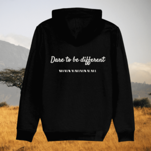 Back view of Mindful Earth Zebra Hoodie in Black with “Dare to Be Different” design – Eco-Friendly Organic Cotton Unisex Hoodie Made in the UK