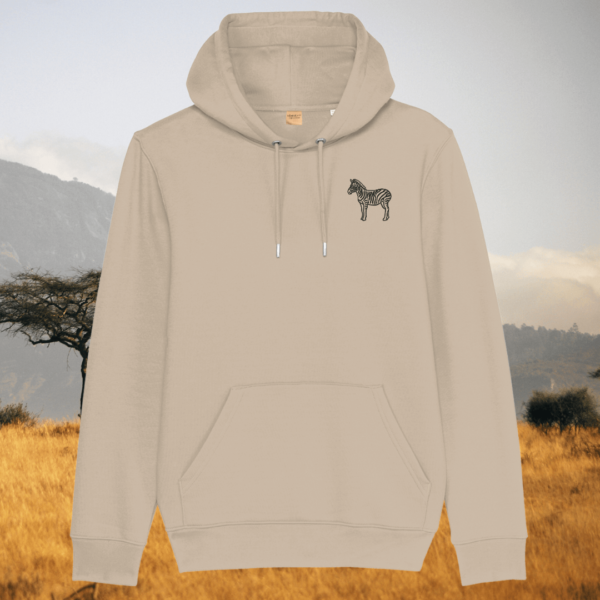 Mindful Earth Zebra Front Hoodie in Desert Dust – Dare to Be Different Design – Sustainable Organic Cotton Unisex Hoodie Made in the UK