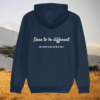Back view of Mindful Earth Zebra Hoodie in French Navy with “Dare to Be Different” design – Eco-Friendly Organic Cotton Unisex Hoodie Made in the UK