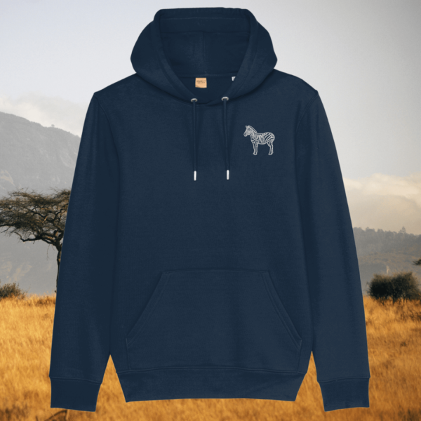 Mindful Earth Zebra Front Hoodie in French Navy – Dare to Be Different Design – Sustainable Organic Cotton Unisex Hoodie Made in the UK