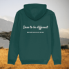 Back view of Mindful Earth Zebra Hoodie in Glazed Green with “Dare to Be Different” design – Eco-Friendly Organic Cotton Unisex Hoodie Made in the UK
