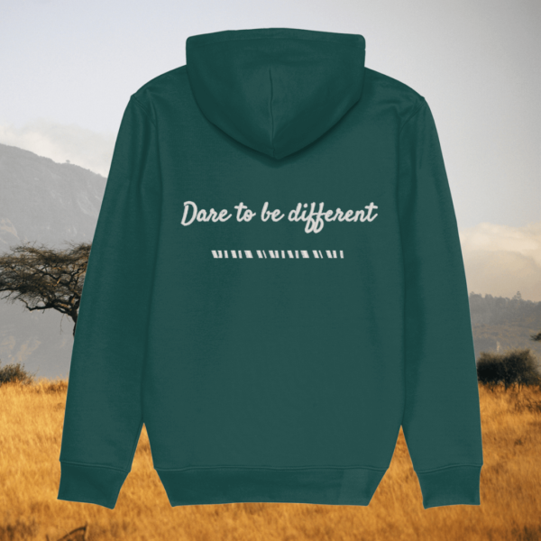 Back view of Mindful Earth Zebra Hoodie in Glazed Green with “Dare to Be Different” design – Eco-Friendly Organic Cotton Unisex Hoodie Made in the UK