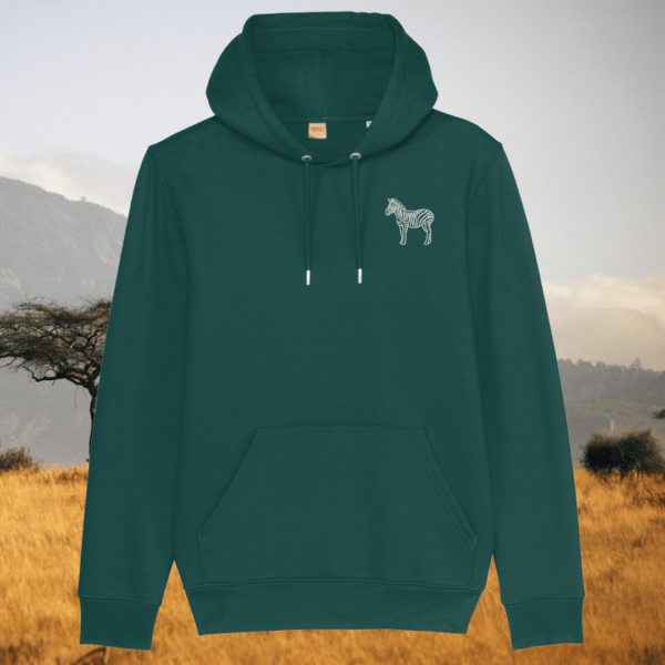 Mindful Earth Zebra Front Hoodie in Glazed Green – Dare to Be Different Design – Sustainable Organic Cotton Unisex Hoodie Made in the UK