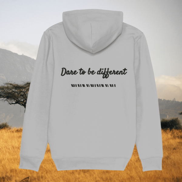 Back view of Mindful Earth Zebra Hoodie in Heather Grey with “Dare to Be Different” design – Eco-Friendly Organic Cotton Unisex Hoodie Made in the UK