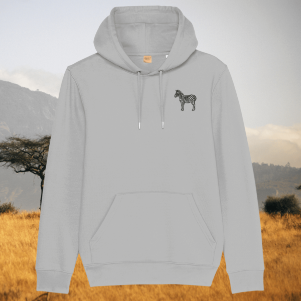 Mindful Earth Zebra Front Hoodie in Heather Grey – Dare to Be Different Design – Sustainable Organic Cotton Unisex Hoodie Made in the UK
