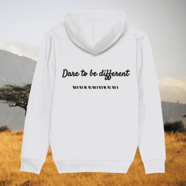 Back view of Mindful Earth Zebra Hoodie in White with “Dare to Be Different” design – Eco-Friendly Organic Cotton Unisex Hoodie Made in the UK