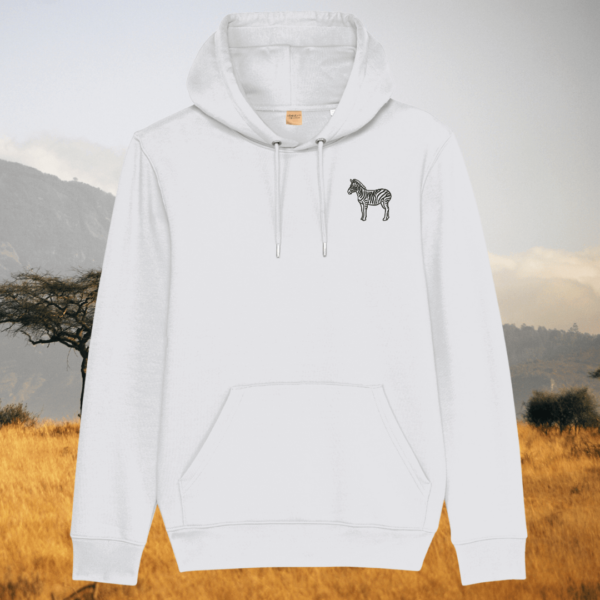 Mindful Earth Zebra Front Hoodie in White – Dare to Be Different Design – Sustainable Organic Cotton Unisex Hoodie Made in the UK