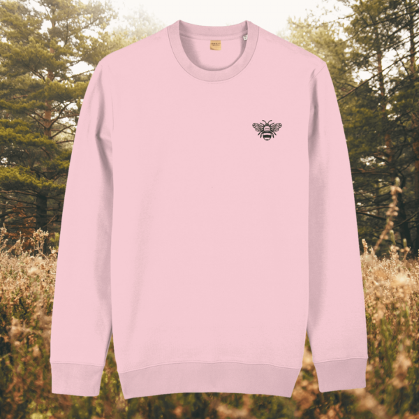 Cotton pink organic sweater featuring a bee design with the quote “Believe in Yourself” – MindfulEarth, front view.
