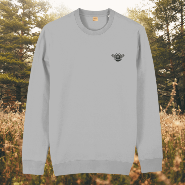 Heather Grey organic sweater featuring a bee design with the quote “Believe in Yourself” – MindfulEarth, front view.