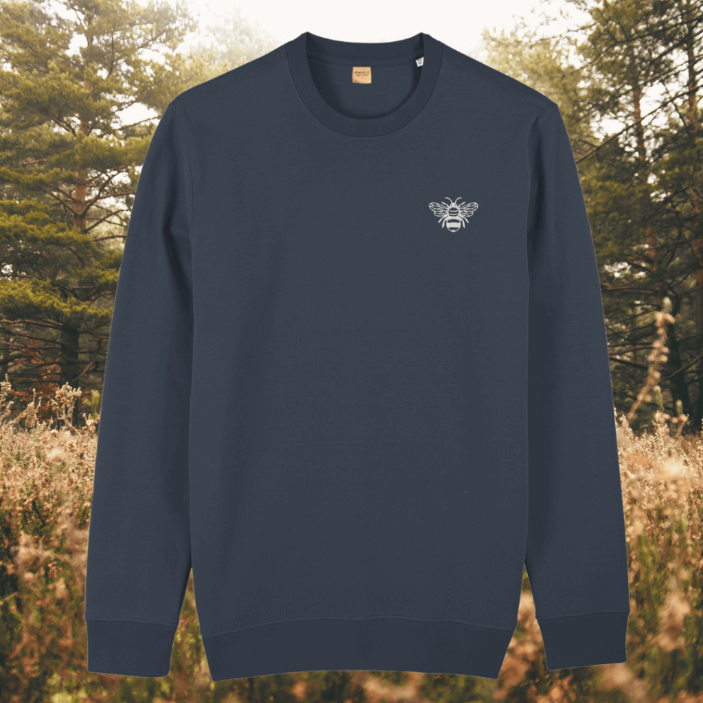 Bee design on India Ink Grey organic cotton sweater with the quote “Believe in Yourself” – MindfulEarth, front view.