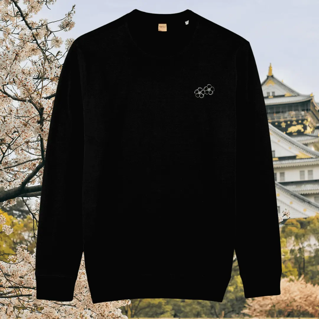 Black organic cotton sweater with blossom flower illustration on the chest – Mindful Earth sustainable UK clothing