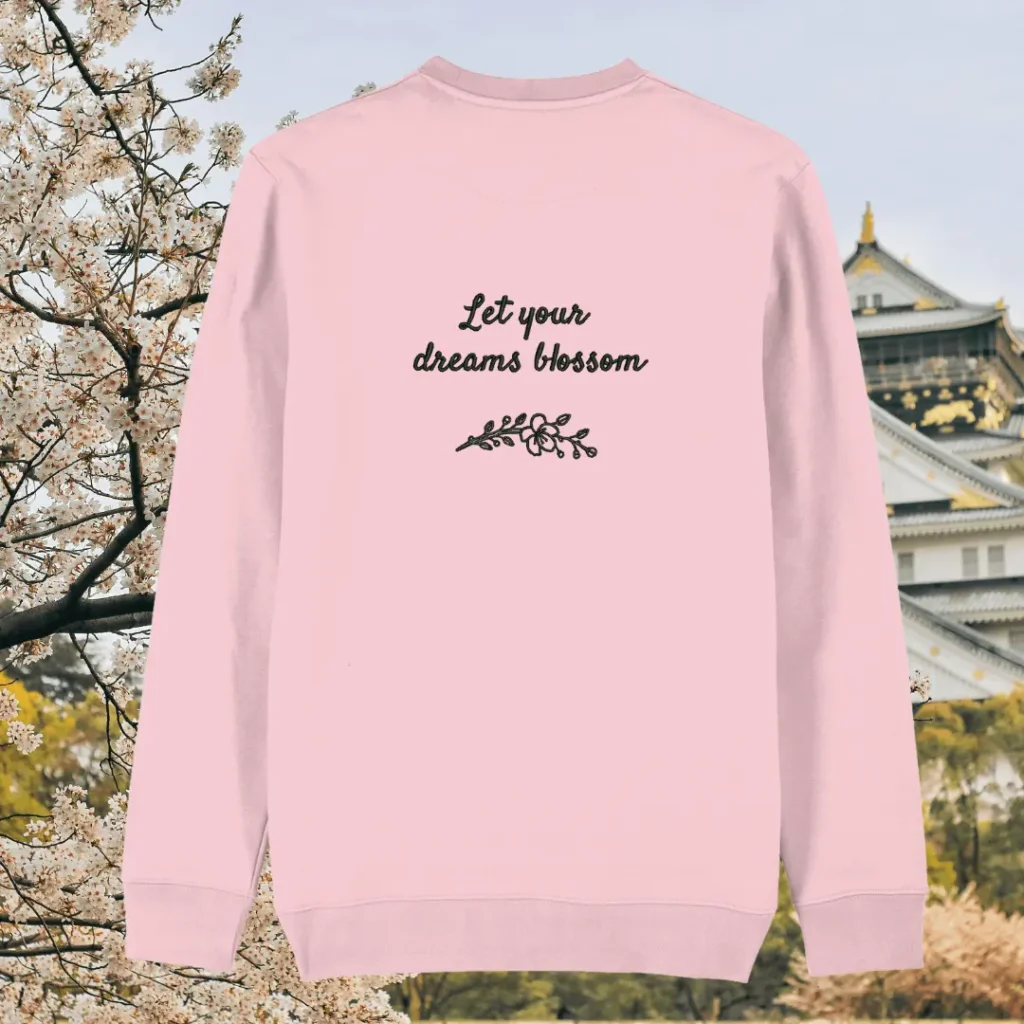 Back view of the Blossom Cotton Pink organic cotton sweater with a minimalist plain back by Mindful Earth.