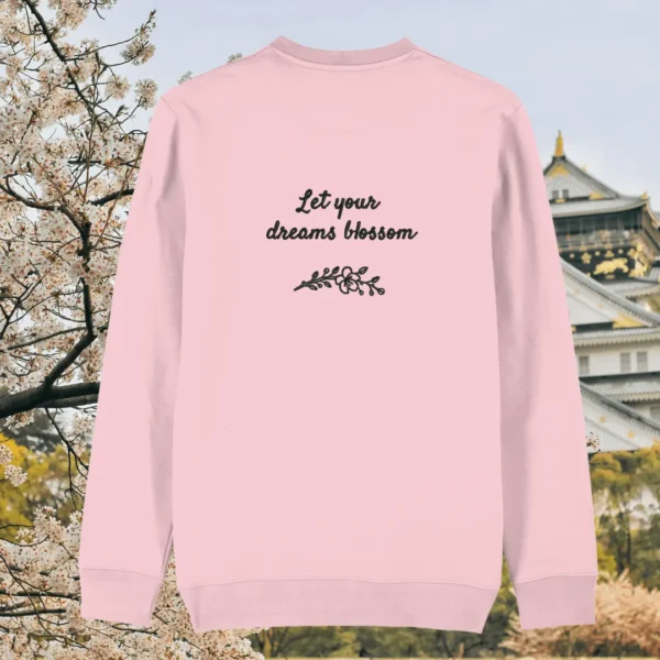 Back view of the Blossom Cotton Pink organic cotton sweater with a minimalist plain back by Mindful Earth.