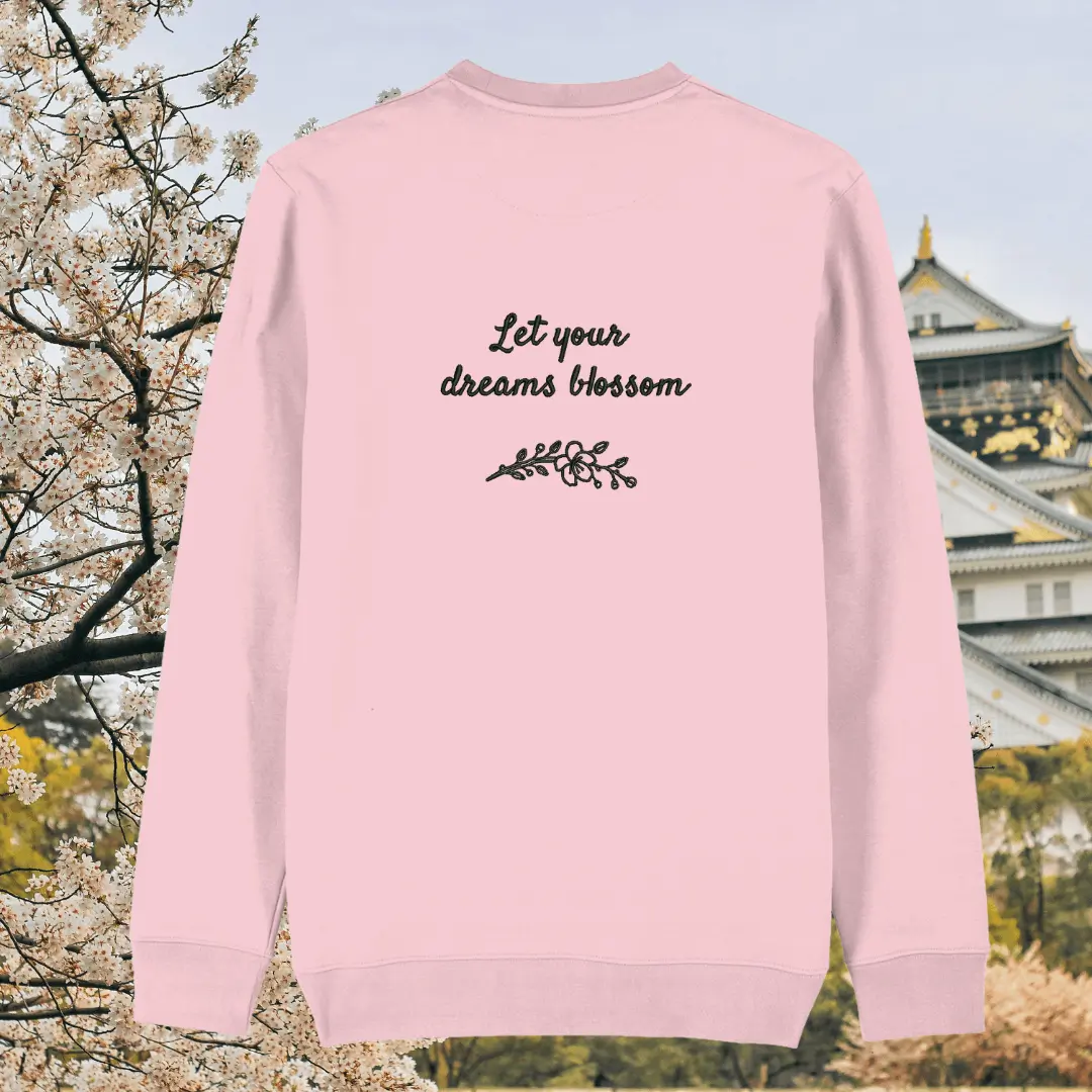 Back view of the Blossom Cotton Pink organic cotton sweater with a minimalist plain back by Mindful Earth.