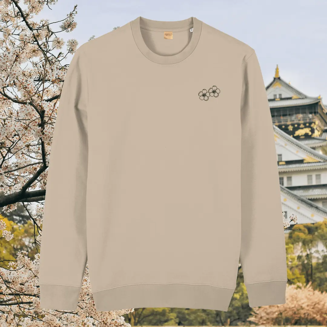 Desert Dust organic cotton sweater with blossom flower design on the front – Mindful Earth sustainable UK clothing