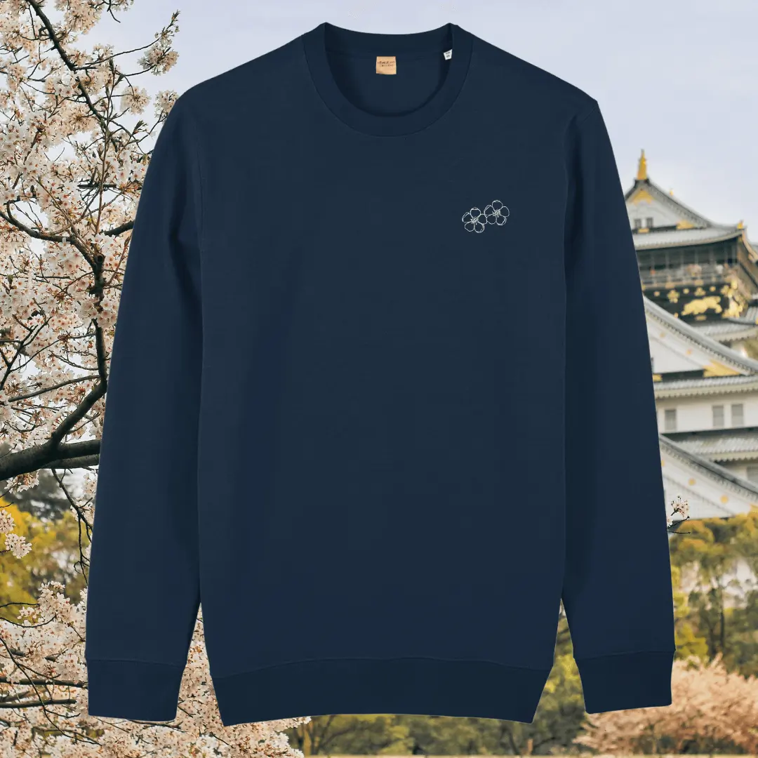 French Navy organic cotton sweater with blossom floral design on the front – Mindful Earth sustainable UK clothing