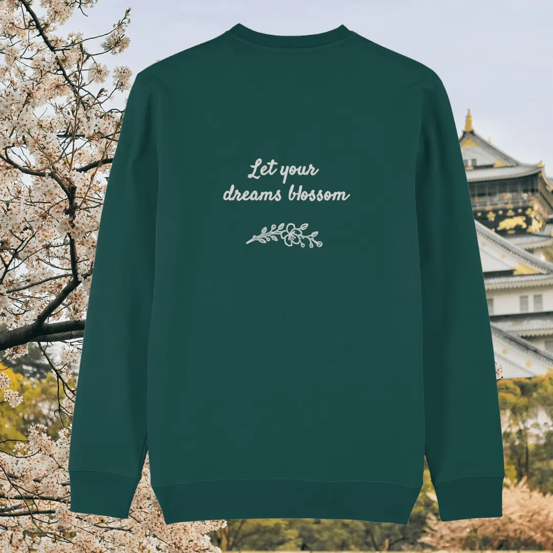 Back of the Glazed Green organic cotton sweater featuring the quote “Let Your Dreams Blossom” in floral style – Mindful Earth UK sustainable fashion