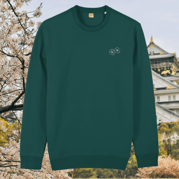 Glazed Green organic cotton sweater with blossom floral design on the front – Mindful Earth sustainable UK clothing