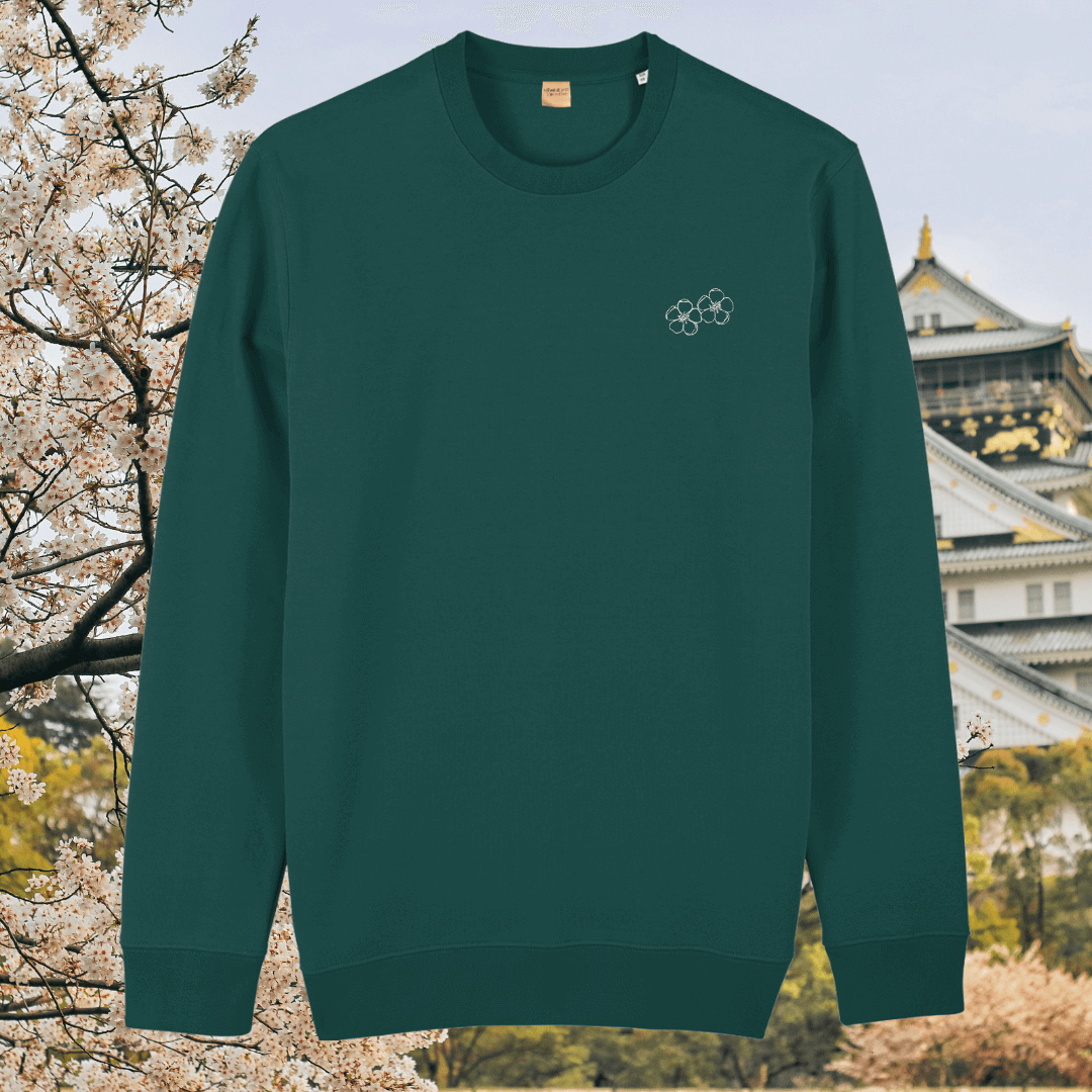 Glazed Green organic cotton sweater with blossom floral design on the front – Mindful Earth sustainable UK clothing