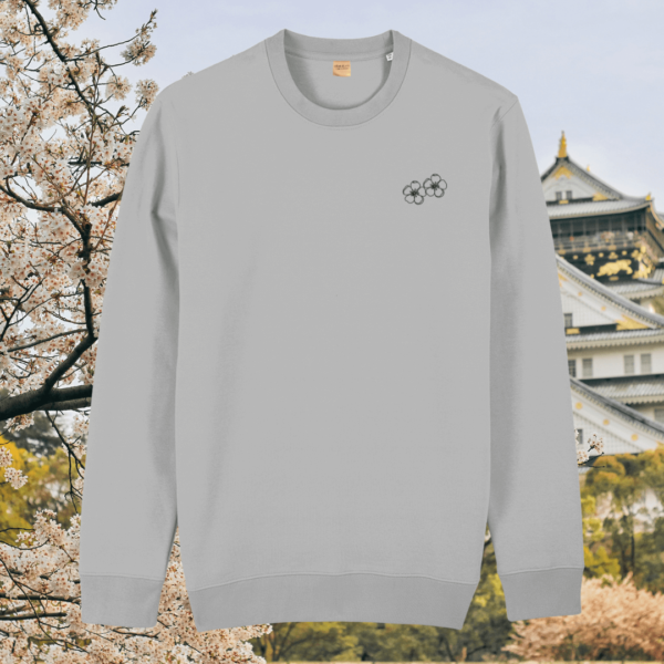 Heather Grey organic cotton sweater with blossom floral design on the front – Mindful Earth sustainable UK clothing