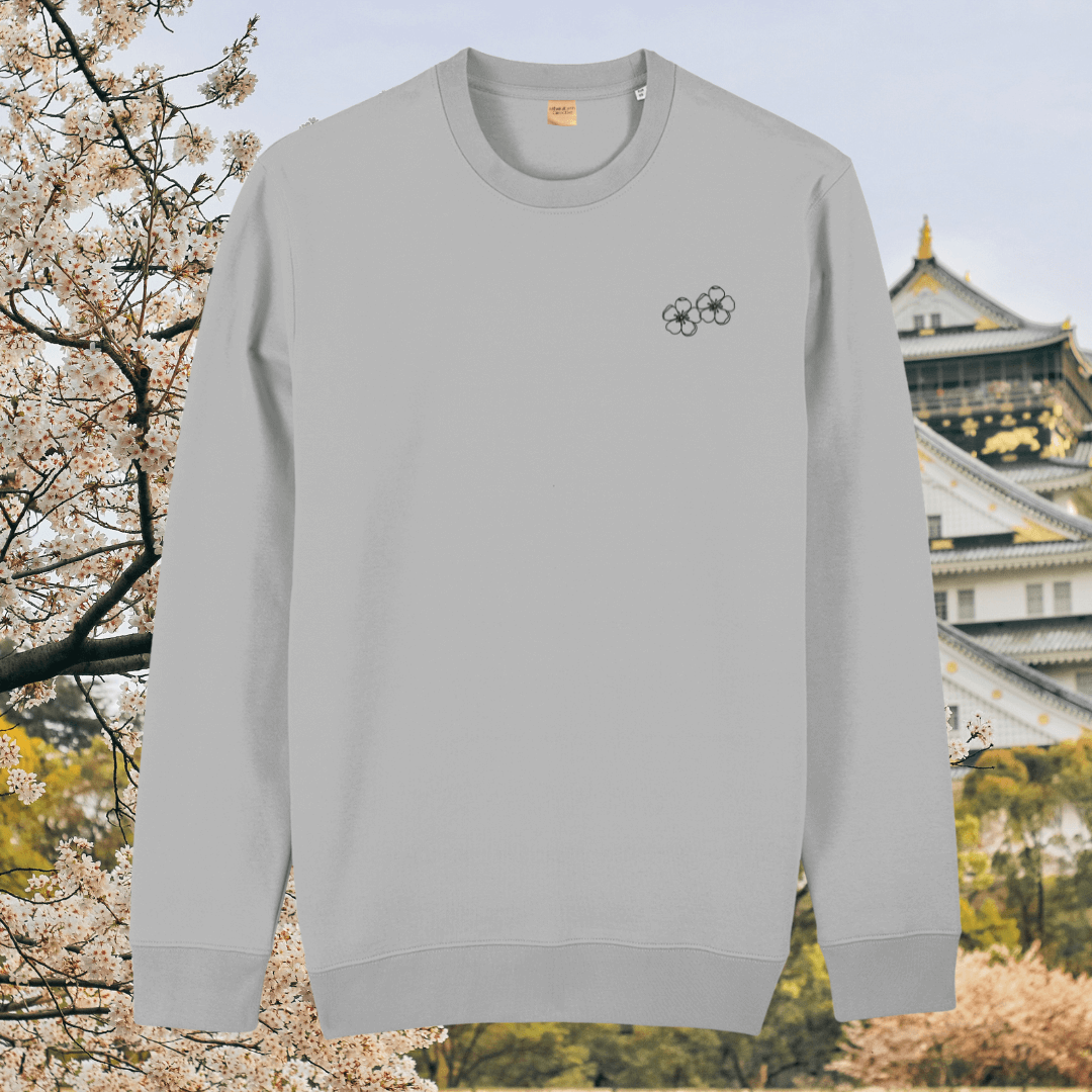 Heather Grey organic cotton sweater with blossom floral design on the front – Mindful Earth sustainable UK clothing