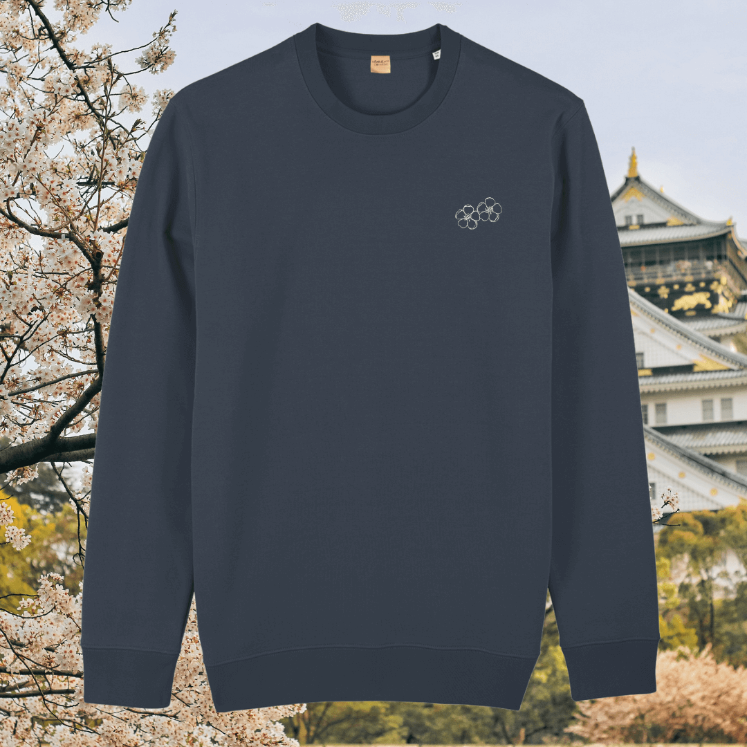 India Ink Grey organic cotton sweater with blossom floral design on the front – Mindful Earth sustainable UK clothing