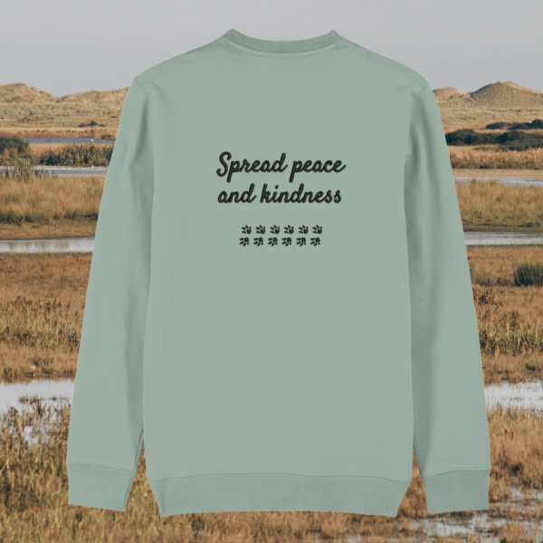 Back view of the Capybara Aloe organic cotton sweater with a minimalist plain back by Mindful Earth.