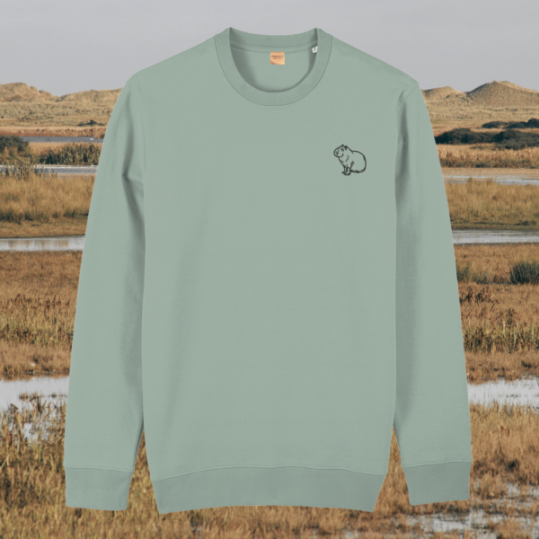 Front view of the Capybara Aloe organic cotton sweater featuring the “Spread Peace and Kindness” design by Mindful Earth.