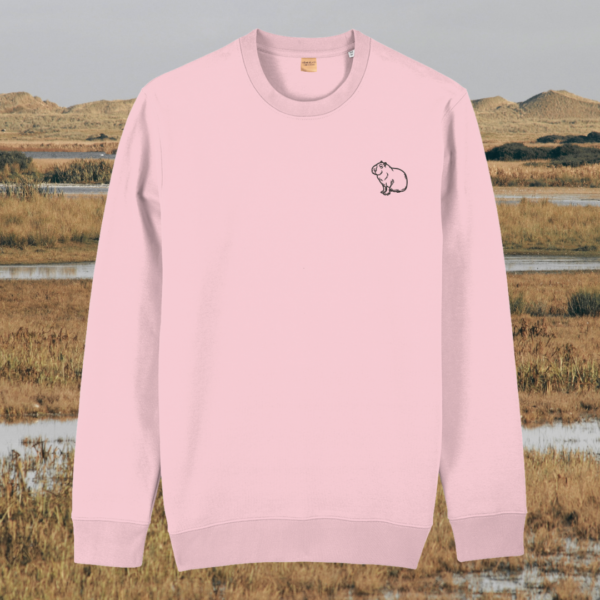 Front view of the Capybara Cotton Pink organic cotton sweater featuring the “Spread Peace and Kindness” design by Mindful Earth.