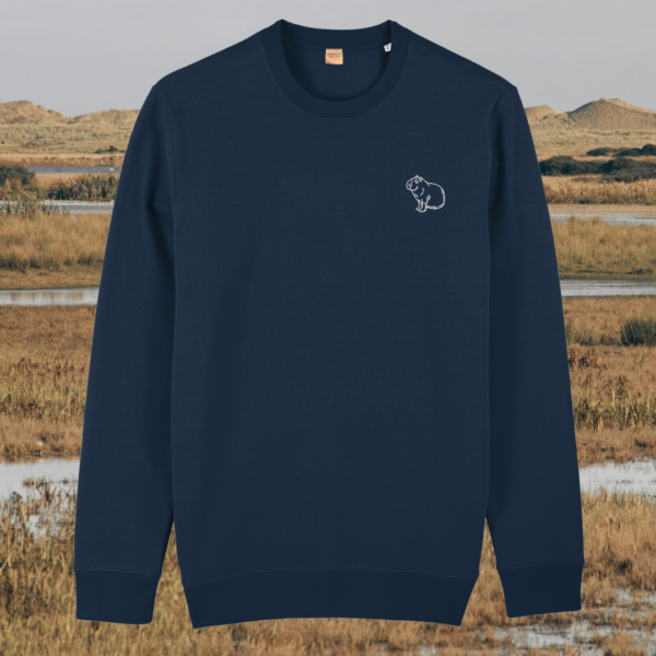 Front view of the Capybara French Navy organic cotton sweater featuring the “Spread Peace and Kindness” design by Mindful Earth.